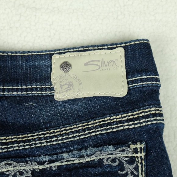Size 27 Silver Suki Womens Blue Jeans Distressed Bootcut Stone Wash - Picture 7 of 14